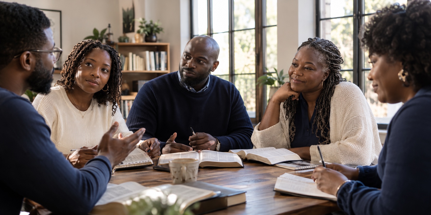 A community gathered for Scripture study